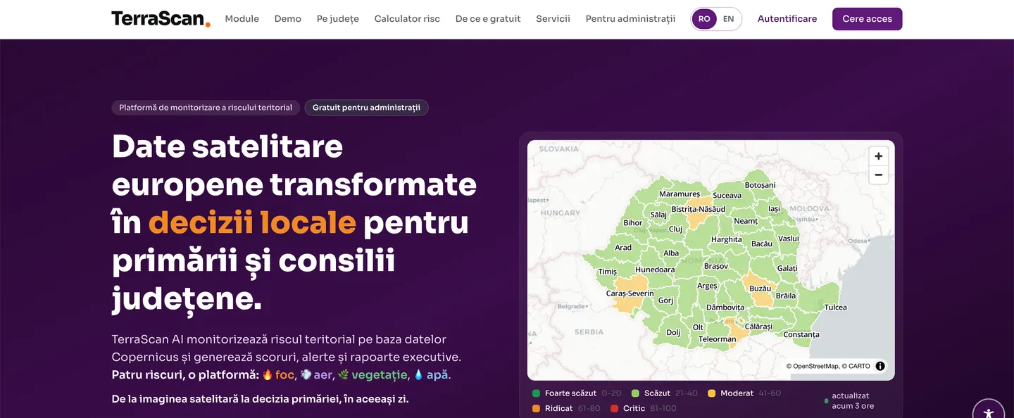 TerraScan AI - pagina principală, date satelitare transformate în decizii locale